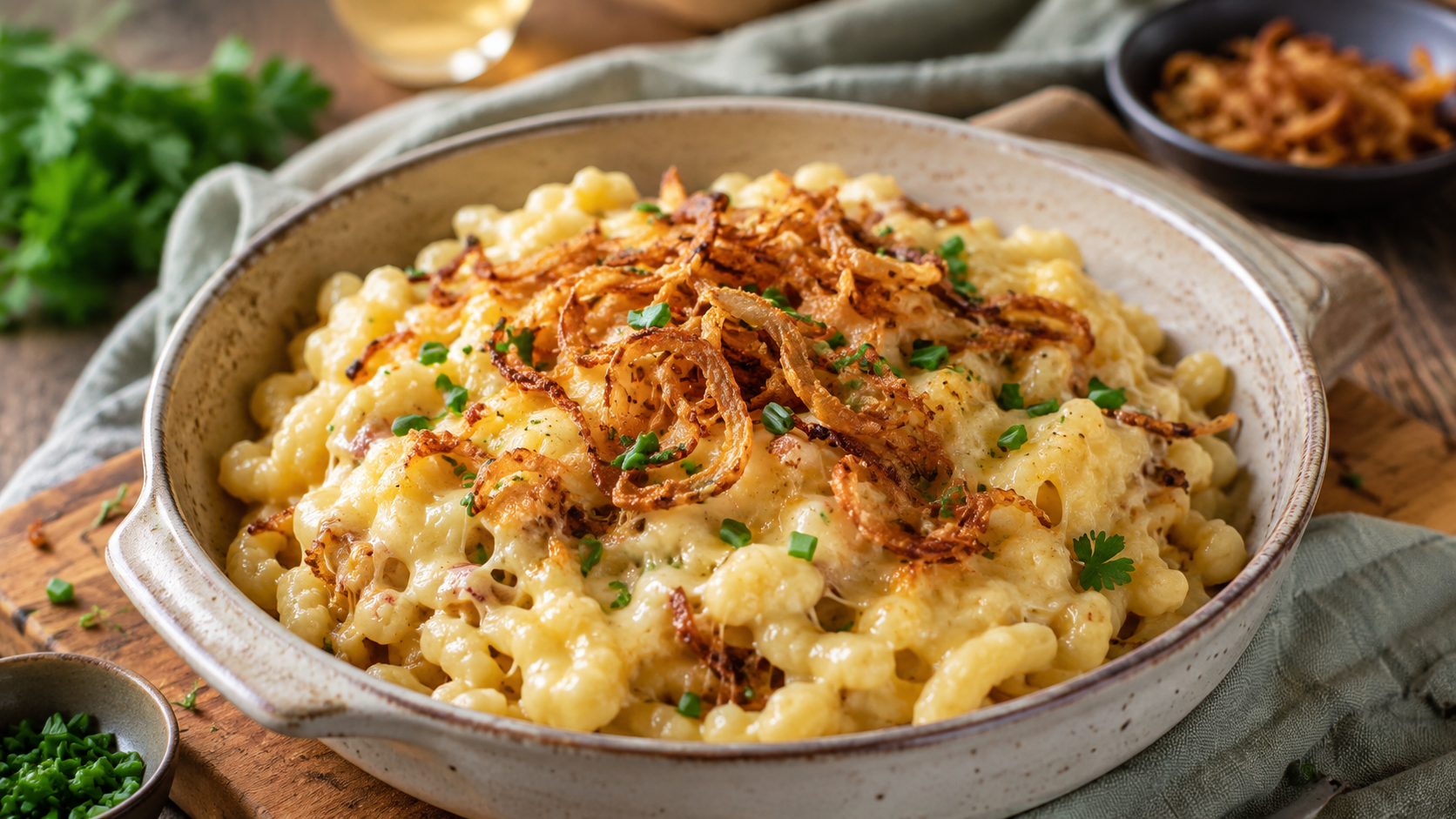 Kaasspätzle met geroosterde uien 
